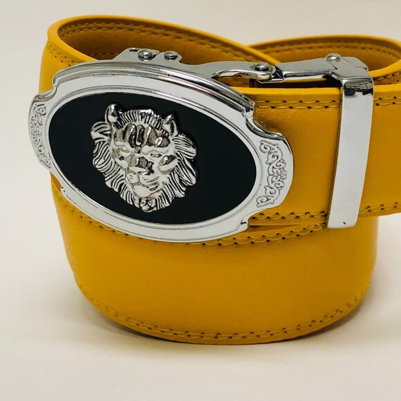 Mustard Yellow Belt Women Men Gold Automatic Buckle Slide Belt Leather Lion Head - Picture 2 of 3